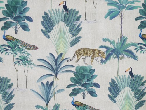 Tkanina 100% bawełna home decor druk cyfrowy tygrysy, pawie tukany na beżowym 