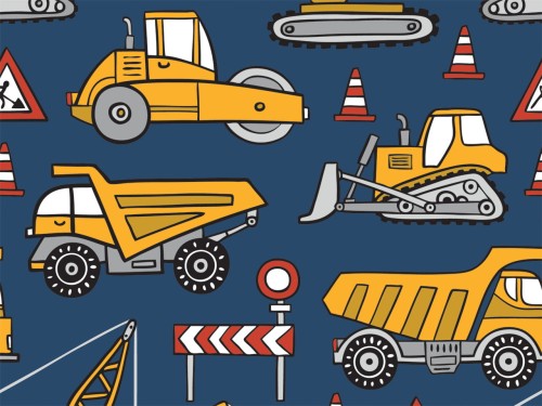 Dresówka z elastanem pojazdy budowlane na granacie druk cyfrowy dzianina dresowa pętelka bawełna