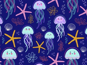 Jersey bawełna z elastanem wzór meduzy  rozgwiazdy kawaii druk cyfrowy 