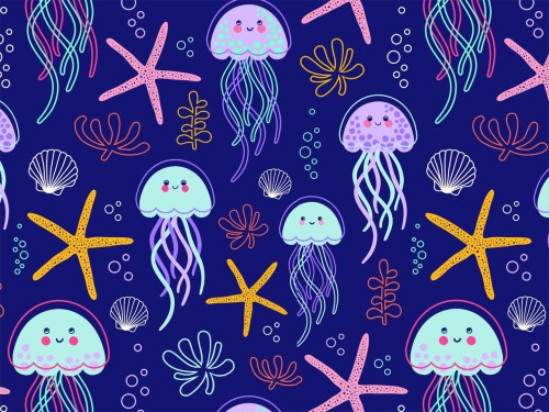 Jersey bawełna z elastanem wzór meduzy  rozgwiazdy kawaii druk cyfrowy 